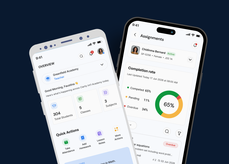 The ClarityBase mobile app showing a teacher overview and an assignments completion rate