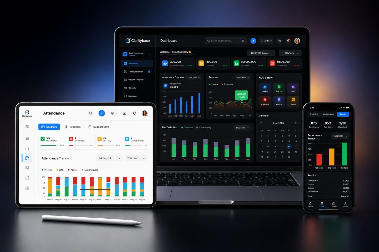 ClarityBase dashboard, attendance and results screens on laptop, tablet and phone