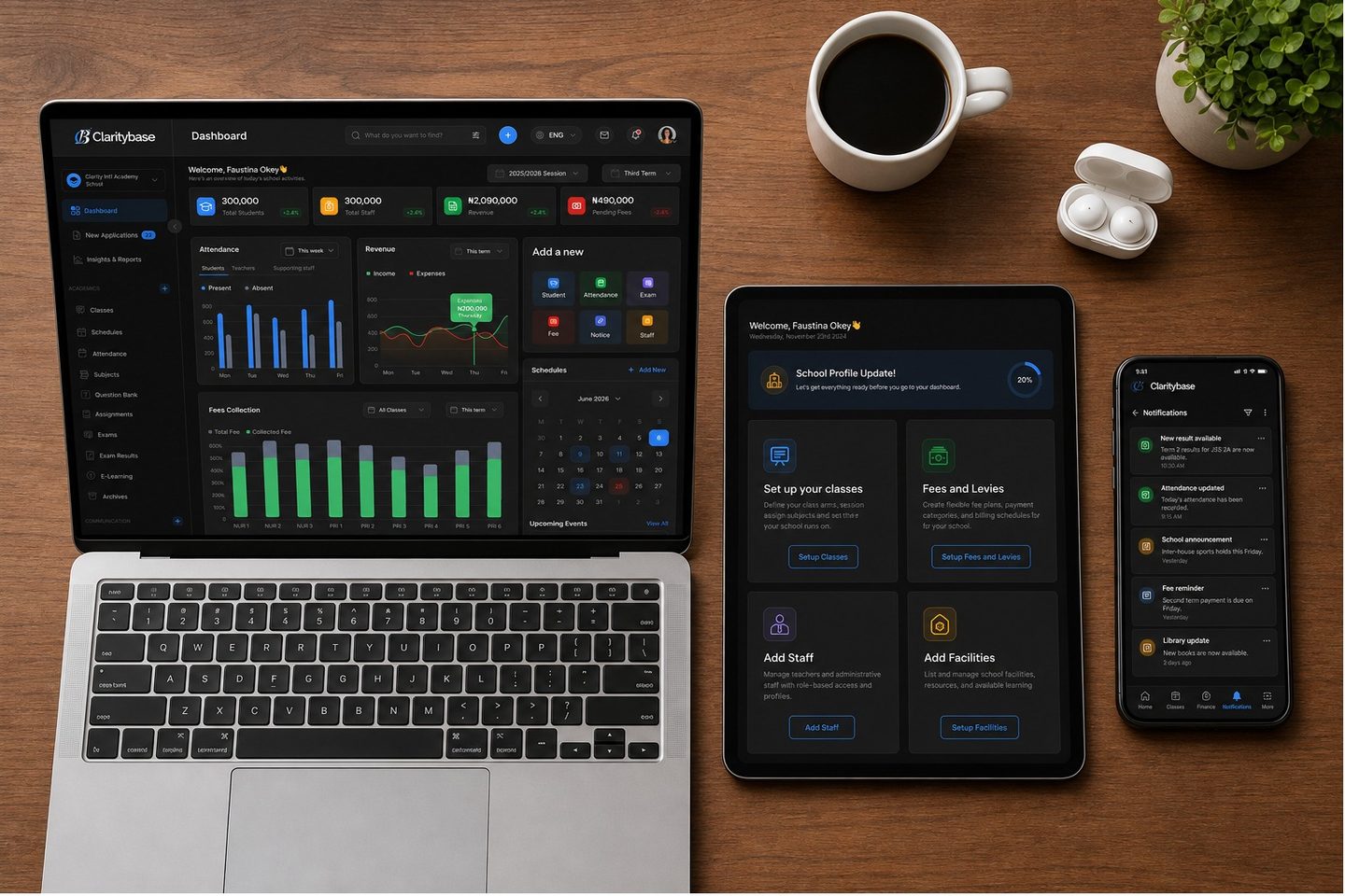 ClarityBase dashboard, school setup and notifications on laptop, tablet and phone