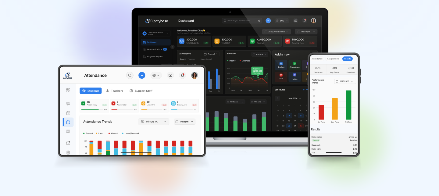 ClarityBase running on desktop, tablet and phone — dashboard, attendance and student results