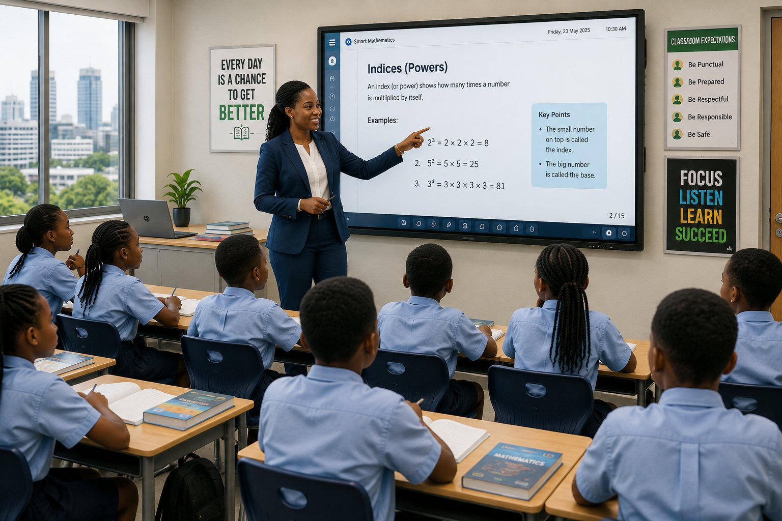 A teacher presenting a lesson with today's attendance rate shown in ClarityBase