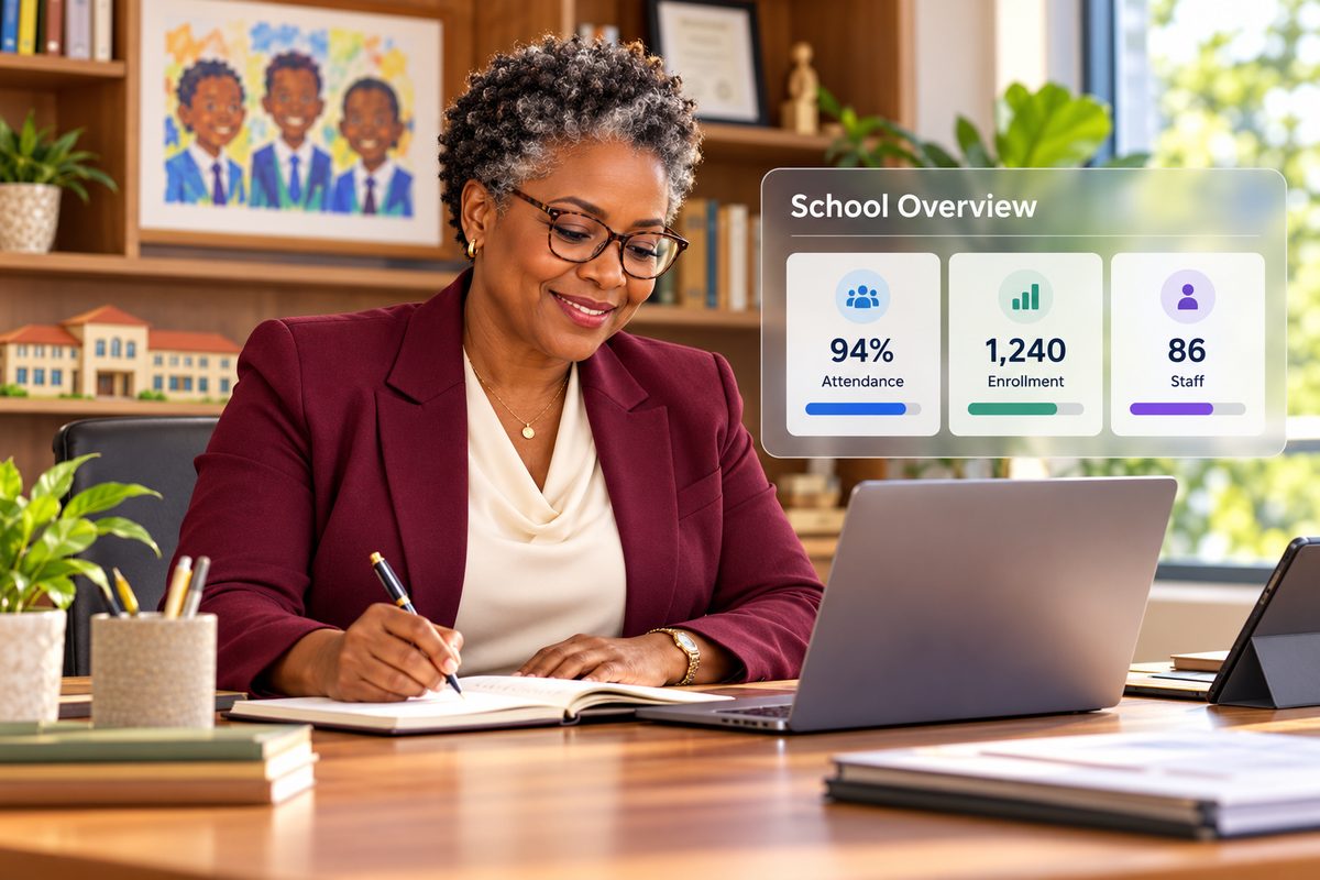 School administrator at her desk with a ClarityBase school overview of attendance, enrollment and staff