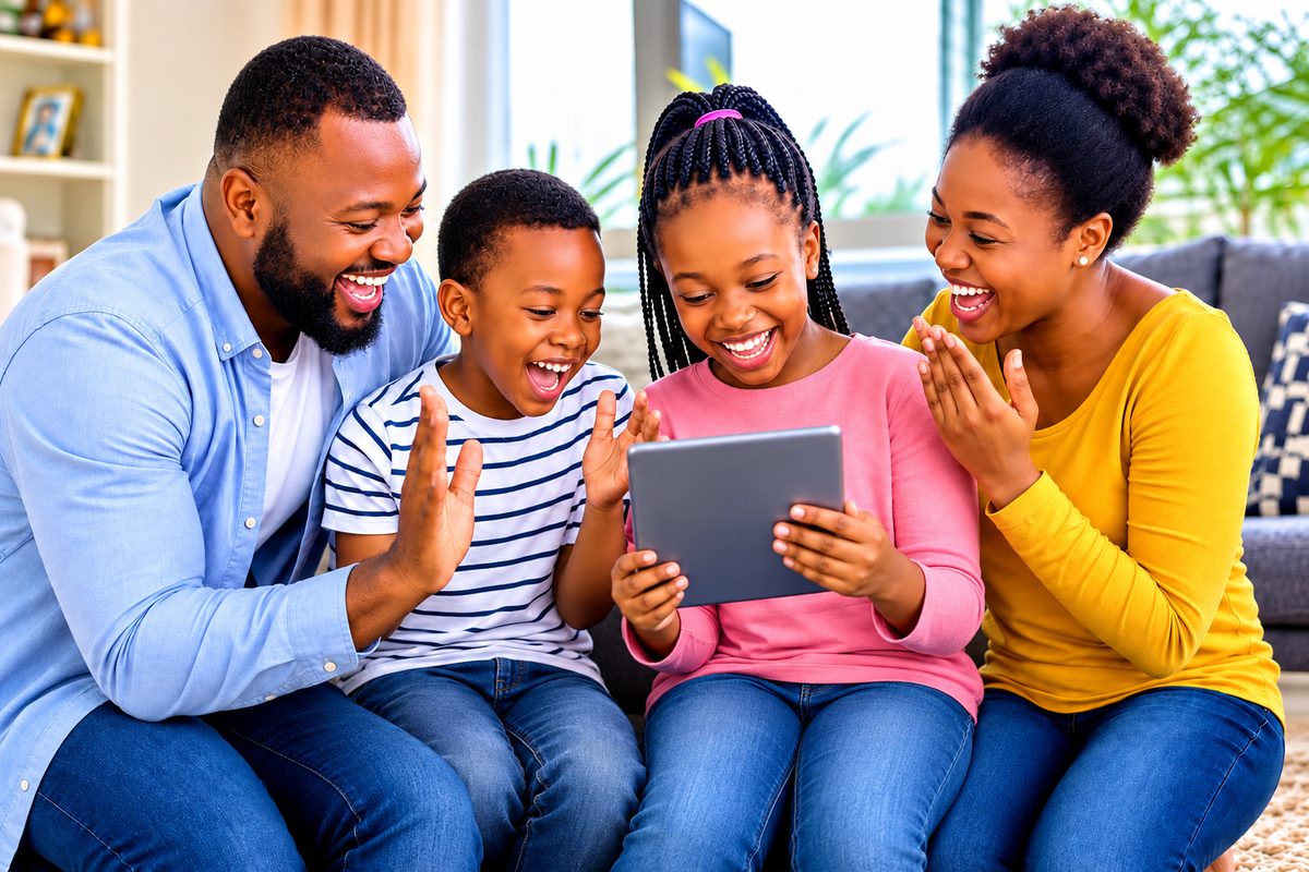 Parents and their children celebrating together over a tablet at home