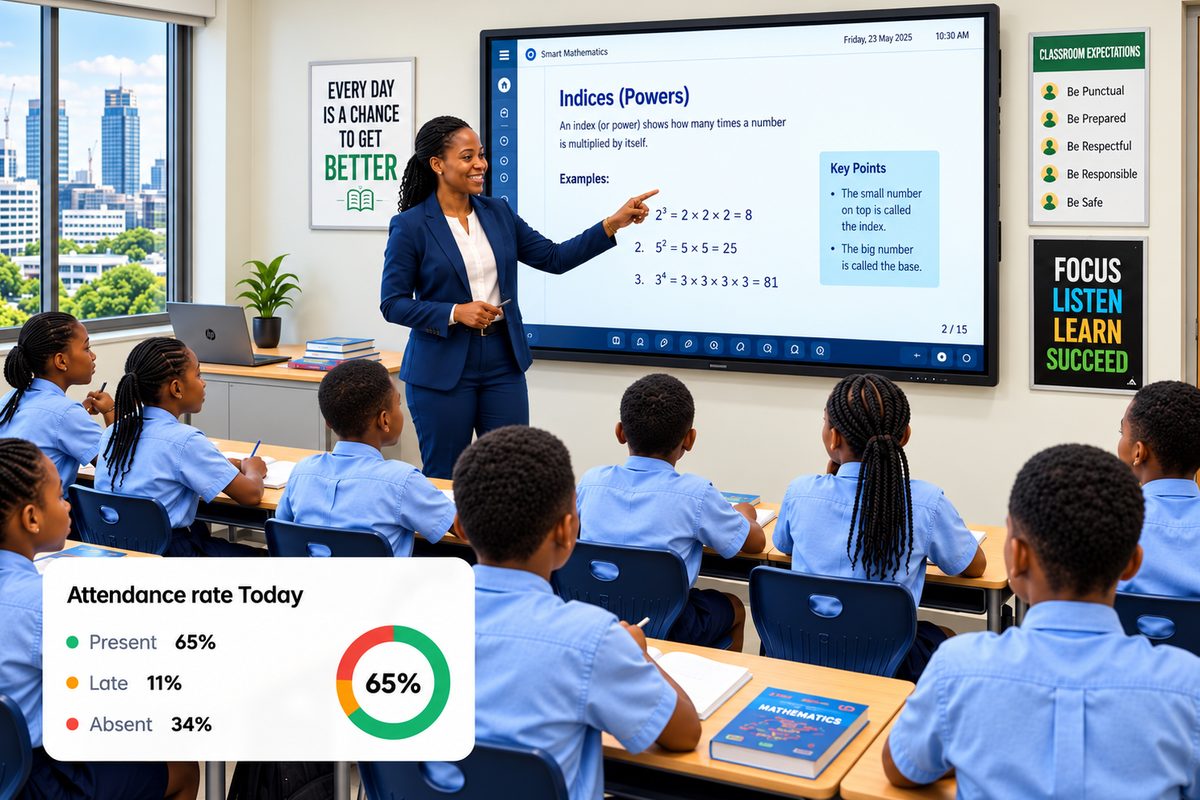 Teacher presenting a maths lesson on a smart board, with today's attendance rate shown